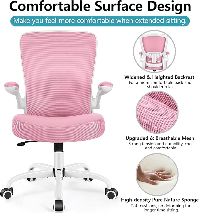 FelixKing Office Chair, Ergonomic Desk Chair Breathable Mesh Chairs with Adjustable High Back Lumbar Support Flip-up Armrests, Executive Swivel Comfy Task Computer Chairs for Home Office Pink-DeskLoop Office