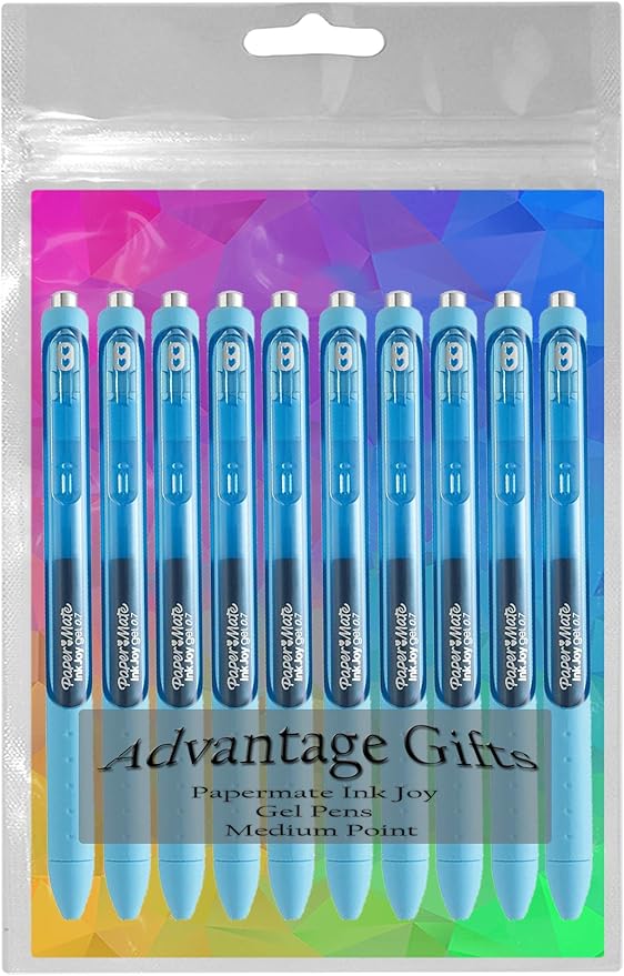 Paper Mate InkJoy Gel Pens, Bright Blue Ink, Medium Point (0.7mm), 10 Count, Bundle with Plastic Reusable Pouch-DeskLoop Office