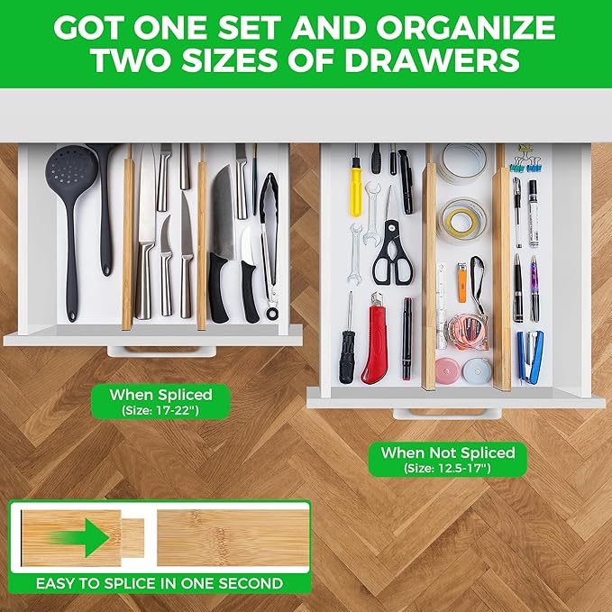 FJO 4 Pack Adjustable Bamboo Drawer Dividers - 12.5" - 21.7" Expandable Drawer Separators for Kitchen, Utensils, Clothes, Bedroom, Dresser, Bathroom (Beige)-DeskLoop Office