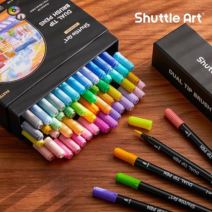 Shuttle Art Pastel Brush Pens, 56 Pastel Colouring Pens, Dual Tip Brush Markers with Fineliner Tip, Drawing Felt Tip Pens for Adults Colouring Books, Painting Sketching Calligraphy and Journaling-DeskLoop Office