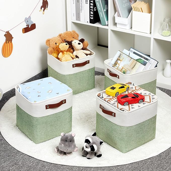 DULLEMELO Storage Baskets for Organizing, Fabric Storage Cubes for Dog Toy Box, 11 Inch Decorative Cube Storage Bins with handle for Baby Gift Basket(4 Pack - 11" White&Green)-DeskLoop Office