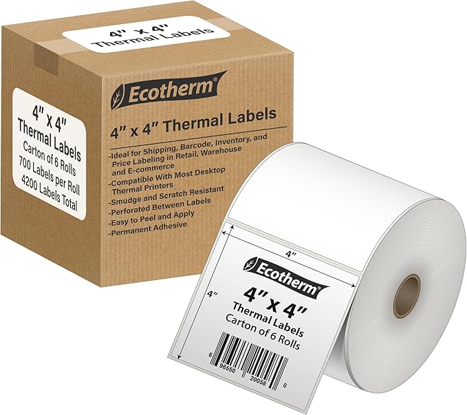 4" x 4" Thermal Labels | 6 Rolls | 4200 Labels | fits Zebra, Munbyn, Rollo, Godex, Arkscan, iDPRT, Offnova Thermal Label Printers and More | Blank White Adhesive Stickers by Ecotherm-DeskLoop Office