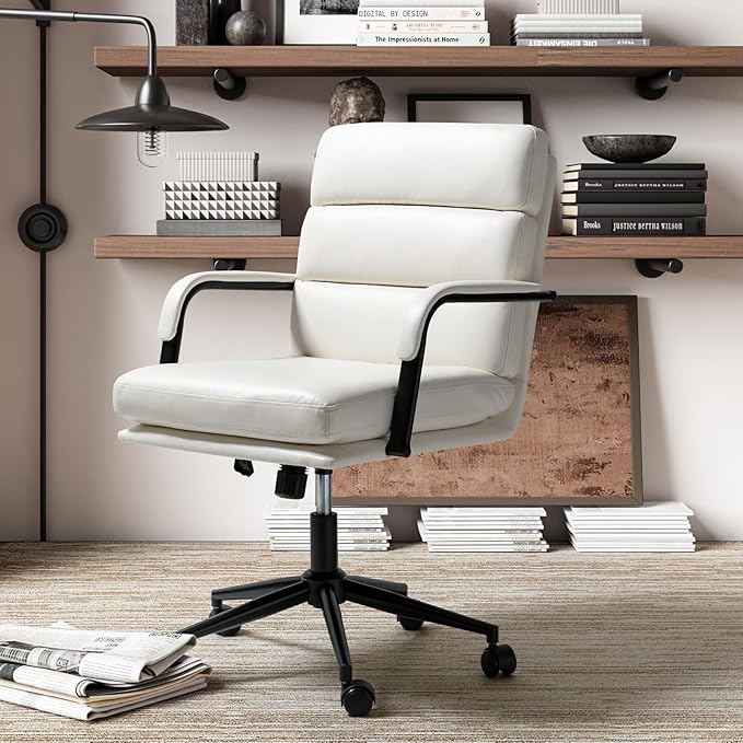 HULALA HOME Modern Faux Leather Home Office Chair with Tilt Lock & Metal Base, Desk Chair with Wheels & Padded Cushion, 360° Swivel Wide Seat Computer Task Chair, White-DeskLoop Office