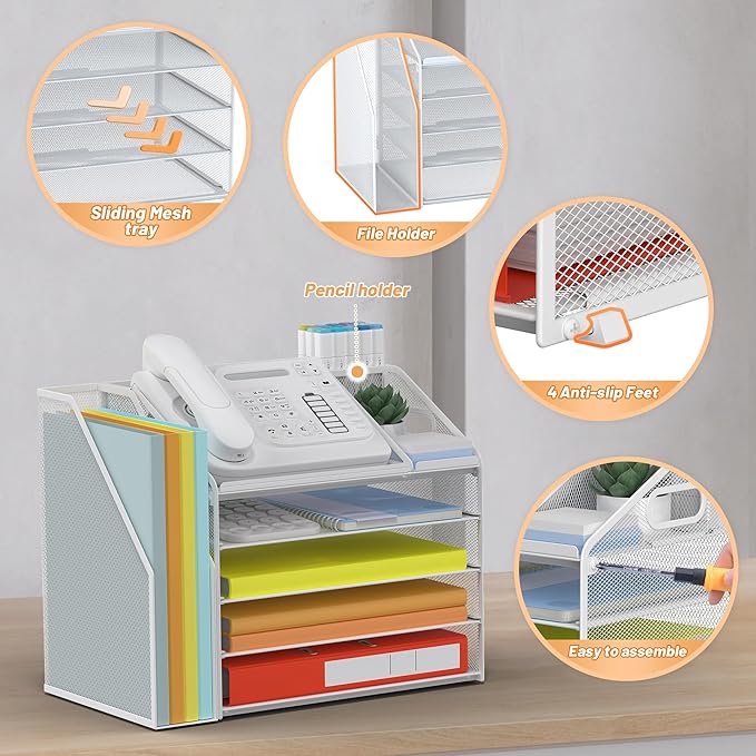 DocNest 5 Tier Paper Letter Tray File Organizer, Mesh Desk File with Handle, Workspace Desk Organizers with Pen Holder, Office Organization Storage Accessories - White-DeskLoop Office