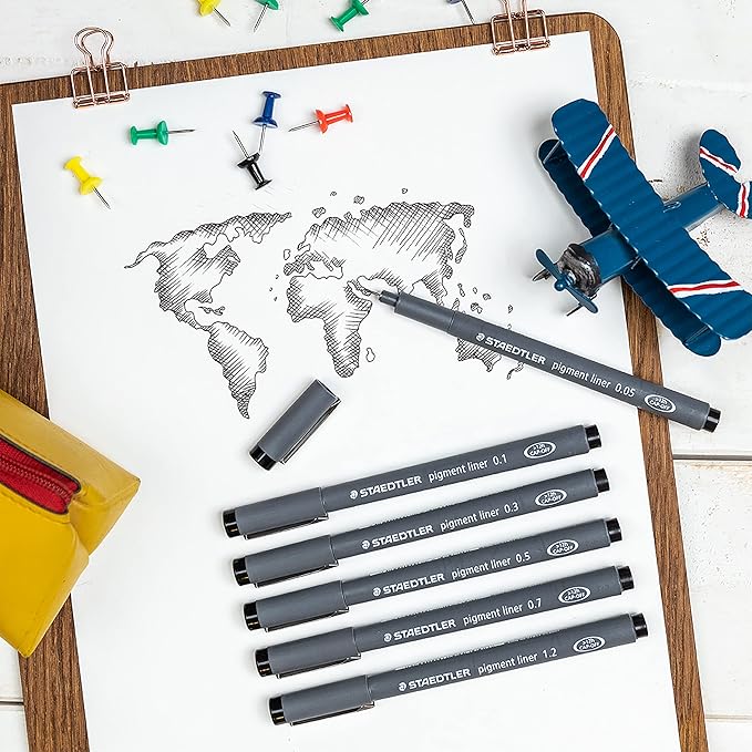 STAEDTLER Pigment Liner Pack, Black, 6 Pens, Assorted Line Widths, 0.05mm, 0.1mm, 0.2mm, 0.3mm, 0.5mm, 0.8mm-DeskLoop Office