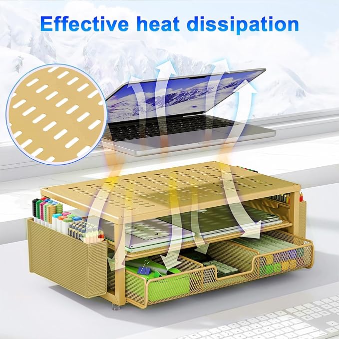 gianotter Desk Organizers and Accessories, Monitor Stand with Drawer and 2 Pen Holder, Desktop Organizer Suitable for Offices and Dormitories (Gold)-DeskLoop Office