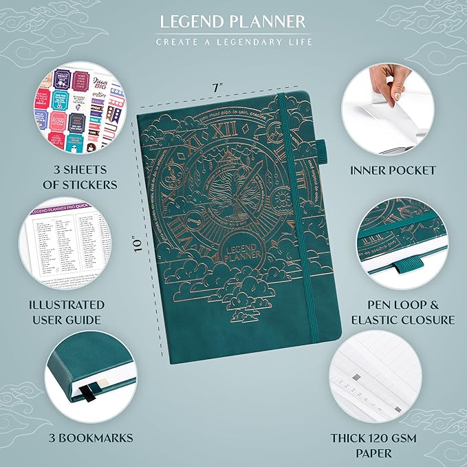 Legend Planner PRO – Deluxe Weekly & Monthly Life Planner to Increase Productivity and Hit Your Goals. Time Management Organizer Notebook – Undated – 7 x 10" Hardcover + Stickers – Dark Teal-DeskLoop Office