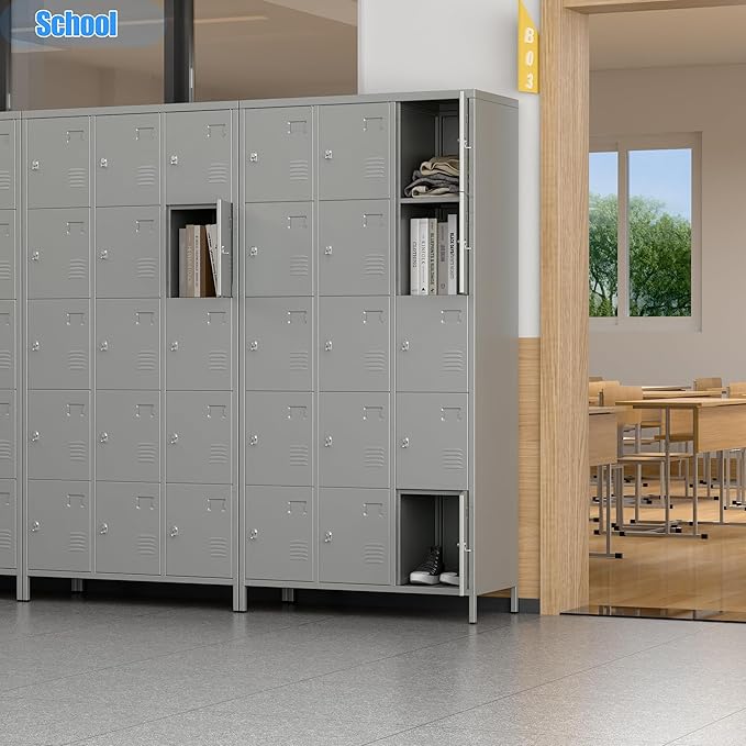 Metal Storage Locker with 9 Doors and 27 Hooks,Metal Lockers for Employees with Lock for School Garage Office Gym,Assembly Required,Light Grey-DeskLoop Office
