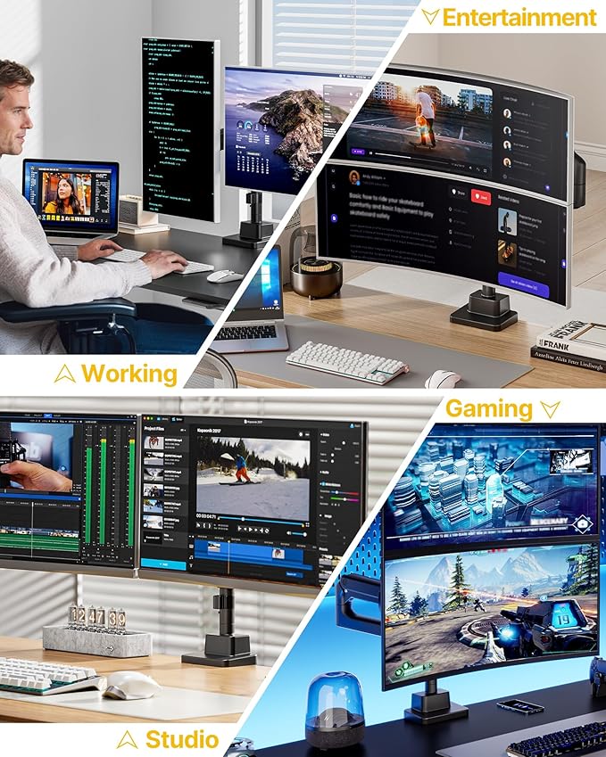 monTEK Dual Monitor Arm for up to 57" and 59.4 lbs Ultrawide Screen, Aluminum Heavy-Duty Gas Spring Vertical Stackable Curved Screen Adjustable Monitor Stand, 75/100mm Vesa Mount, Black-DeskLoop Office