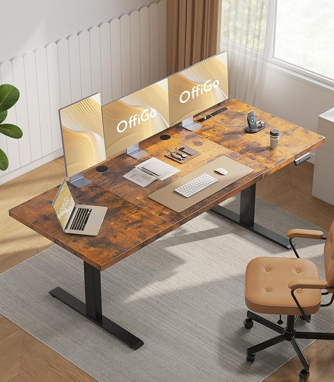 OffiGo Electric Standing Desk with 3-Piece Board, 79 Inch Height Adjustable Large Desk with Power Outlets, Sit Stand Table, Writing Computer Desk for Home, Office, Workstation, Rustic Brown-DeskLoop Office