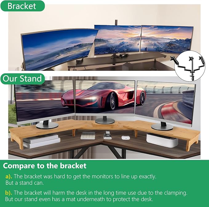 Nnewvante Monitor Stand Riser, 60 inch Large Bamboo Dual Monitor Stand for Desk, 3 Shelves Desktop Screen Riser with Adjustable Length Angle for Computer Laptop PC-DeskLoop Office