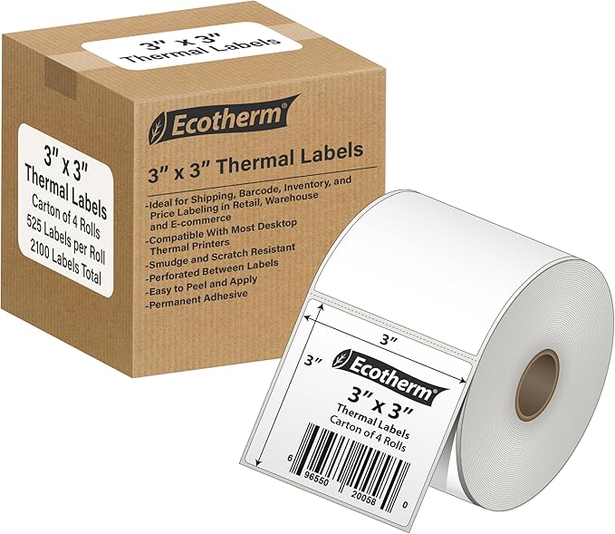 3" x 3" Thermal Labels | 4 Rolls | 2100 Labels | fits Zebra, Munbyn, Rollo, Godex, Arkscan, iDPRT, Offnova Thermal Label Printers and More | Blank White Adhesive Stickers by Ecotherm-DeskLoop Office