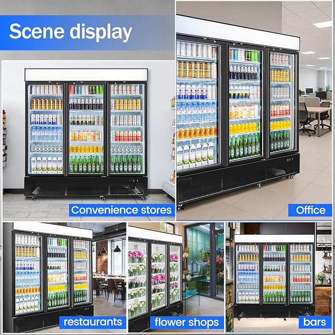 Commercial Beverage Refrigerator with 3 Glass Doors 56 Cu.ft Display Merchandiser Cooler Bar Black Drink Fridge for Convenience Stores, Supermarkets,Bars,Offices-DeskLoop Office