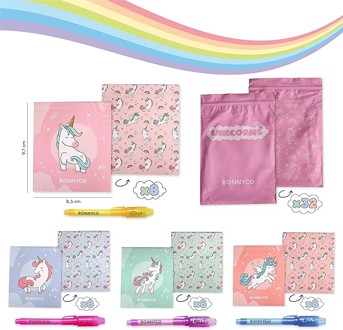BONNYCO Invisible Ink Pen and Notebook Pack 32 Unicorn Party Favors for Kids, Magic Spy Pen Goodie Bags Stuffers for Kids, Unicorn Birthday Party Supplies, Goody Bag Stuffers | Return Gifts Prizes-DeskLoop Office