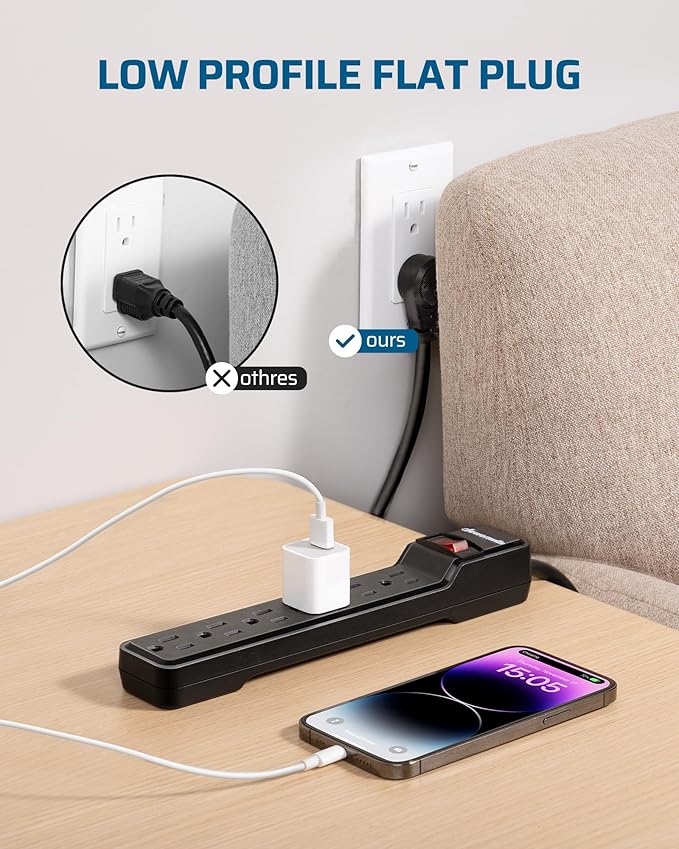 DEWENWILS 15 Foot Long Power Strip, 6-Outlet Power Strip 15FT, 15 Amp Circuit Breaker, Low Profile Flat Plug, Surge Protector for Office, Living Room, Bedroom, 4 Pack, Wall Mount, Black-DeskLoop Office