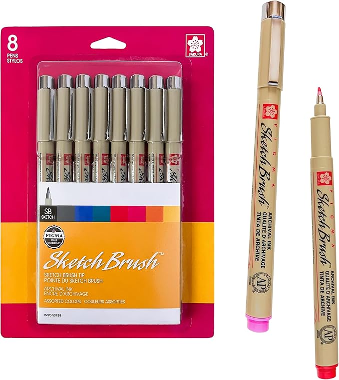SAKURA Pigma Sketch Brush - Archival Ink Sketching Pens - Art Pens for Calligraphy, Hand Lettering & Writing - Assorted Archival Colors - 8 Pack-DeskLoop Office
