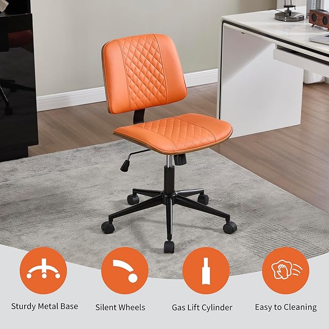 Small Home Office Chair - Armless Mid Back Desk Chair with 360° Swivel and Wheels, PU Upholstered Height Adjustable Modern Walnut Computer Chair for Home, Office Meeting Room - Orange-DeskLoop Office