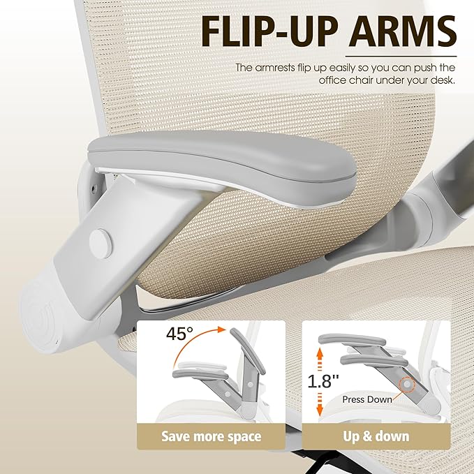 GABRYLLY Ergonomic Office Chair, High Back Home Desk Chair with Headrest, Flip-Up Arms, 90-120° Tilt Lock and Wide Cushion, 400LBS Mesh Chairs for Man Woman, White Task Chair(Beige,GY01WBG)-DeskLoop Office