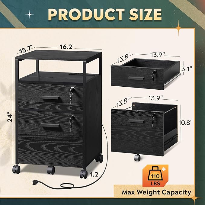DEVAISE 2 Drawer File Cabinet with Lock and Charging Station, Wood Filing Cabinet fits A4 or Letter Size, Mobile Printer Stand with Open Storage Shelf for Home Office, Black-DeskLoop Office