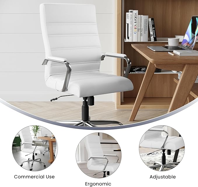 Flash Furniture Whitney High-Back Swivel LeatherSoft Desk Chair with Padded Seat and Armrests, Adjustable Height Padded Office Chair, White/Chrome-DeskLoop Office