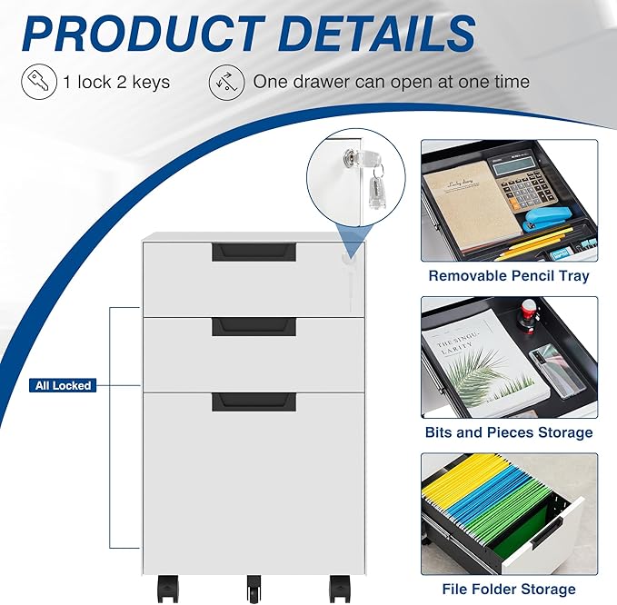 3 Drawer Vertical File Cabinets, Mobile Filling Cabinet with Lock for Legal/Letter Size, Pre-Built Office Storage File Cabinet with Wheels Under Desk - Fully Assembled
