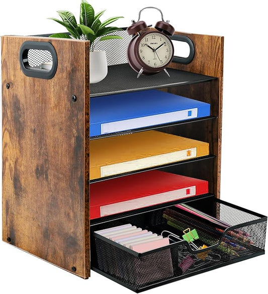Wood Desk Organizer - 5-Tier Desktop File Organizer with Drawer, Wooden Paper Tray, Office Desk Organzier and Accessories for Papers, Mail, Notebooks, Stationery-DeskLoop Office