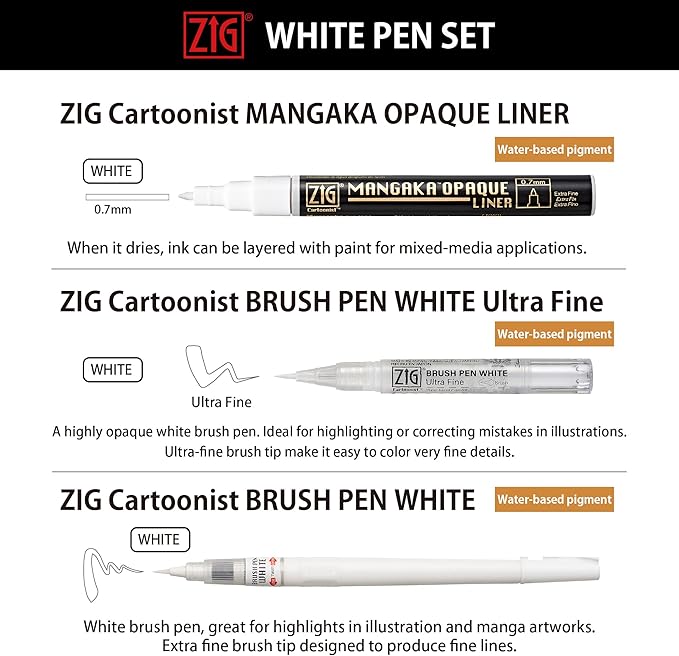 Kuretake Zig Inktober pen set, for Illustration, Manga Drawing, Lettering and Calligraphy, Professional Artist, Made in Japan (White(3pcs.))-DeskLoop Office