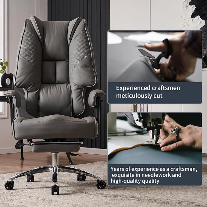 Big and Tall Office Chair 400lbs Wide Seat, Leather High Back Executive Office Chair with Foot Rest, Ergonomic Chairs Lumbar Support for Lower Back Pain Relief (Grey)-DeskLoop Office