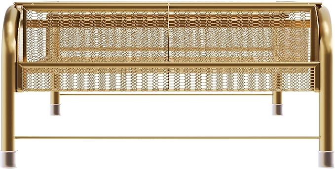 Martha Stewart Ryder Gold Mesh Metal Desktop Monitor Stand Riser with Organizer Drawer and Side Storage, 12.5 x 22.25 x 6.5 inches-DeskLoop Office