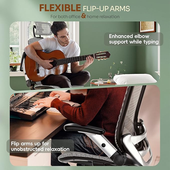 GABRYLLY Ergonomic Office Chair, High Back Home Desk Chair with Headrest, Flip-Up Arms, 90-120° Tilt Lock and Wide Cushion, Big and Tall Mesh Chairs for Man Woman, Grey Task Chair-DeskLoop Office