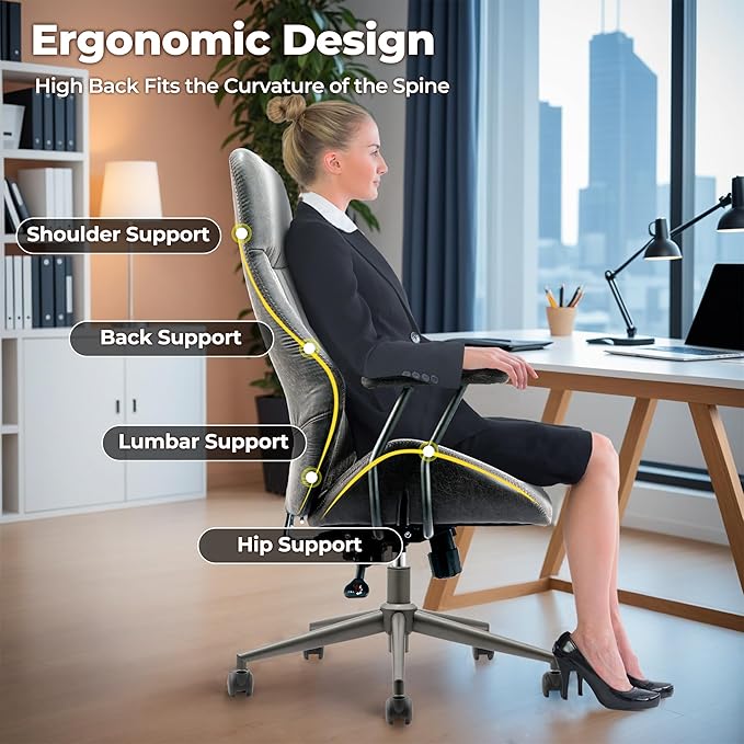 ovios Ergonomic Home Office Chair, Mid-Century Modern Faux Leather Chairs with Padded Armrests, Comfy High Back Swivel Rolling Executive Computer Armchair (Dark Grey, Suede Leather)-DeskLoop Office