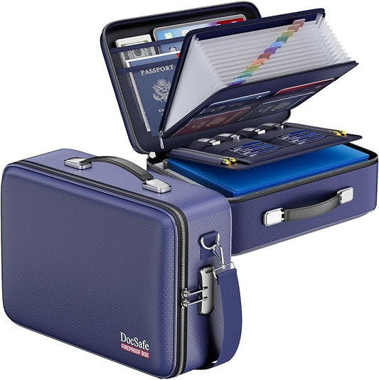 DocSafe Fireproof Document Box with Lock&Shoulder Strap,Hard Case File Organizer with Accordion File Folder,Multi-Layer Portable Home Office Travel Safe Storage for Important Documents Laptop Blue-DeskLoop Office