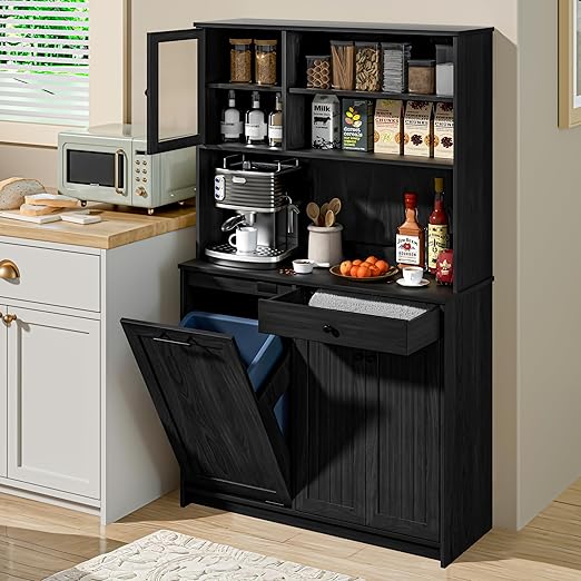OLD CAPTAIN Tilt Out Trash Cabinet with Deodorising Function, Kitchen Hutch with Microwave Shelf and Drawer, Kitchen Pantry with Trash Cabinet for 10 Gallons, Black-DeskLoop Office