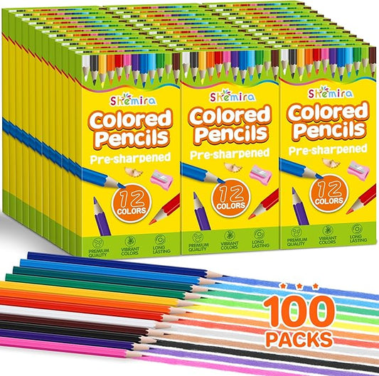 Shemira 100 Pack (1200 Count) Colored Pencils Bulk Set for Kids, Pre-sharpened Coloring Pencil in 12 Colors, Erasable Color Pencils', School Supplies for Kids Teachers, Back to School Supplies-DeskLoop Office