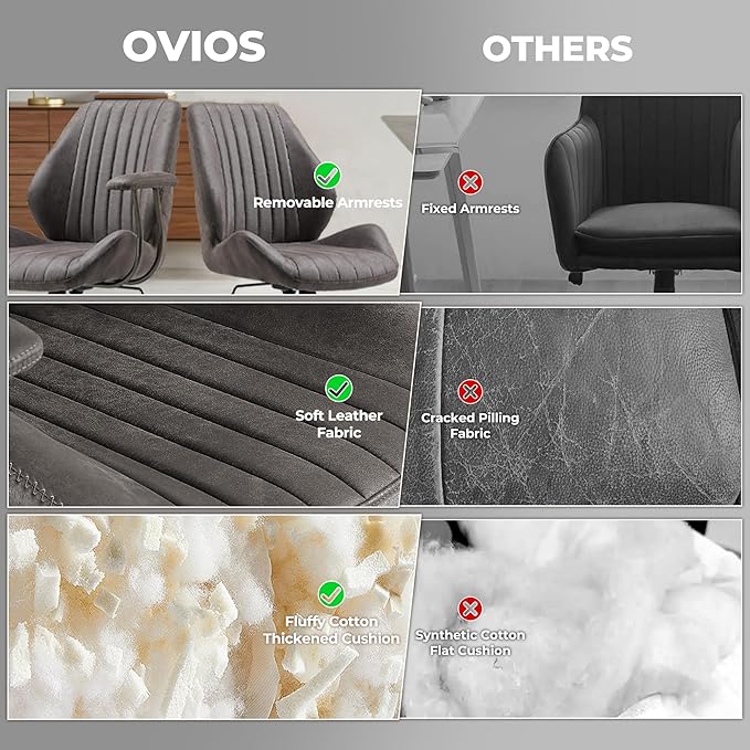 ovios Ergonomic Home Office Chair, Mid-Century Modern Faux Leather Chairs with Padded Armrests, Comfy Mid Back Swivel Rolling Executive Computer Armchair (Dark Grey, Suede Leather)-DeskLoop Office