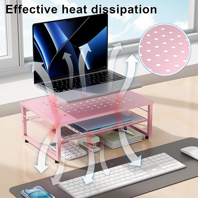 Gianotter 2-Tier Metal Monitor Stand Riser, Workspace Organizer with Desk Accessories, Office Storage for Supplies (Pink)-DeskLoop Office