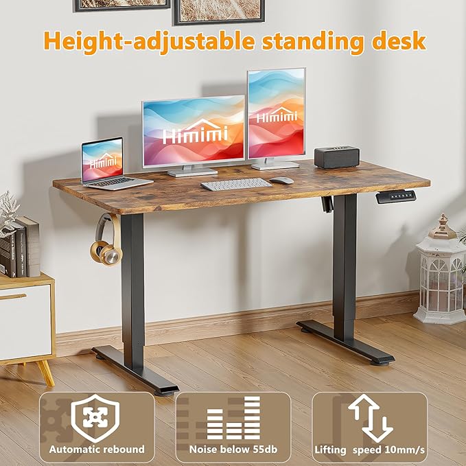 Himimi Electric Standing Desk 55 x 24 inch for Home Office,Sit-Stand Adjustable Desk with Memory Presets,Height Adjustable Desk for Gaming/Working,Free Hook, Lockable Wheels,Mouse Pad,Brown-DeskLoop Office