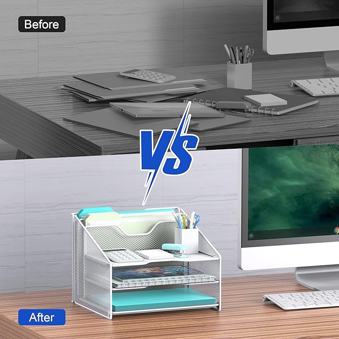 samstar White Desk File Organizer, Mesh Letter File Folder Holder with 3 Paper Trays and 2 Vertical Upright Section, for Office Supplies, Desk Accessories & Workspace, White-DeskLoop Office