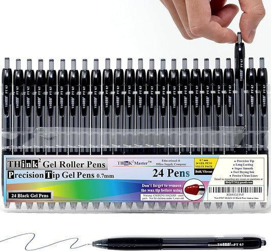 THINK2MASTER [24 Pens - Black Ink Think2 0.7mm Precision Tip Gel Pens. (24 Black) Fine Point Small Rollerball Pens with Smooth Quick Drying Ink.-DeskLoop Office