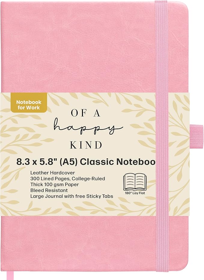 Lined Leather Bound Journal Notebook, A5 Hardcover - Pink 5.8x8.3" - Thick 300 Pages College Ruled Paper Journals for Men and Women - Personal and Professional Note Book for Writing & Journaling-DeskLoop Office