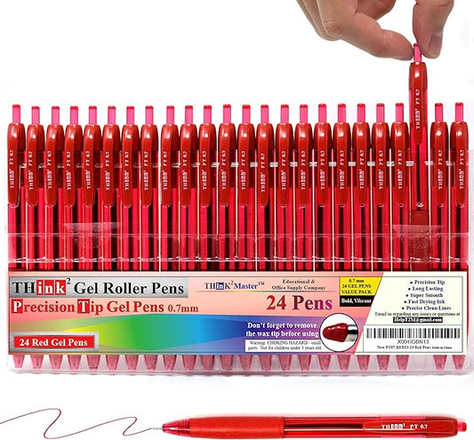 THINK2MASTER [24 Pens - Red Ink Think2 0.7mm Precision Tip Gel Pens. (24 Red) Fine Point Small Rollerball Pens with Smooth Quick Drying Ink.-DeskLoop Office