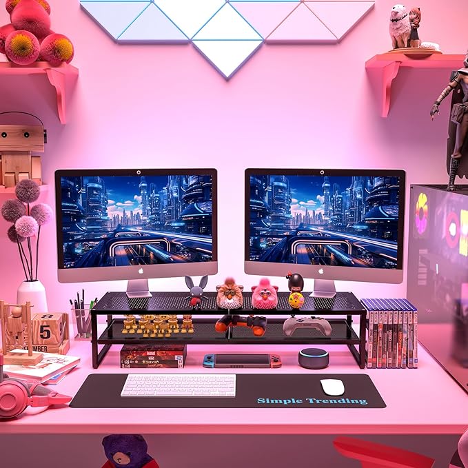 Simple Trending 2 Tier Metal Dual Monitor Stand Riser,Computer Office Desktop Organizer for 2 Monitors With 32"x10" Mouse Pad ,for Laptop,Printer,TV,Black-DeskLoop Office