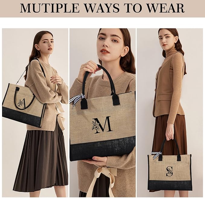 YOOLIFE Christmas Gifts for Women, Initial Jute Tote Bag with Zipper Grandma Mom Bride Teacher Gifts Birthday Gifts for Women