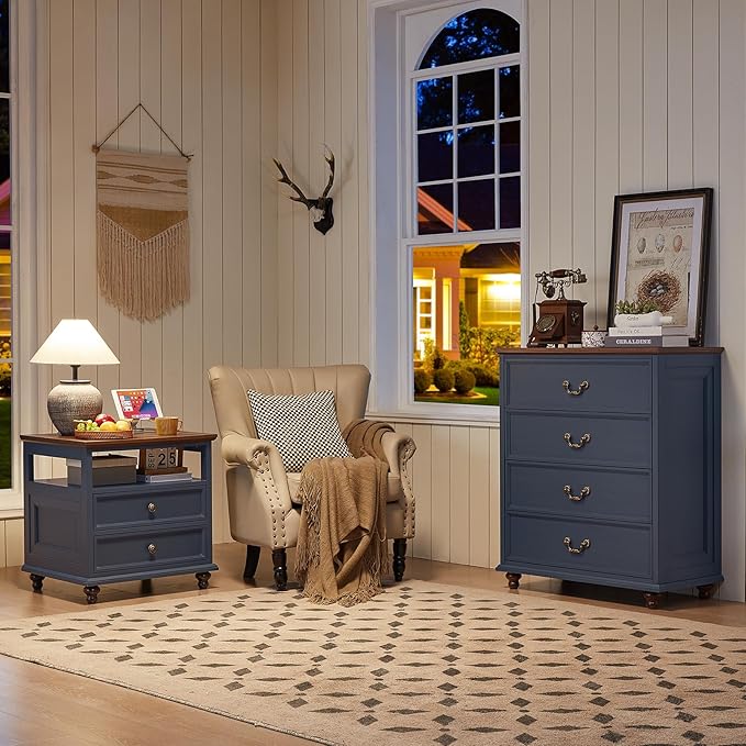 Farmhouse 4 Drawer Dresser for Bedroom, 37" Tall Rustic Chests of Drawers w/ 4 Solid Wood Feet, Mid Century Modern Wooden Closet Storage Dressers Organizer for Living Room, Hallway, Navy Blue-DeskLoop Office