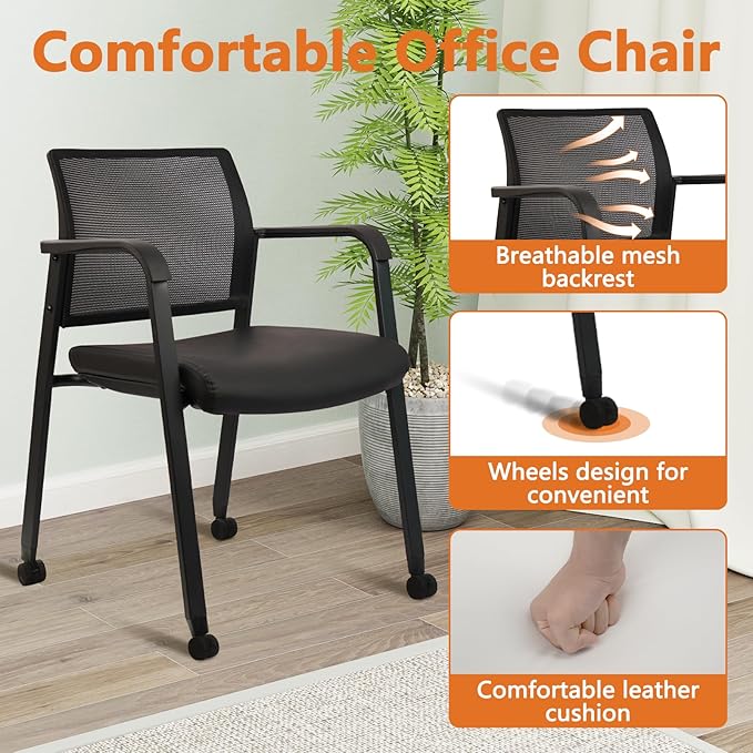 CLATINA Stacking Office Chair with Wheels, Mesh Back Waiting Room Guest Chairs with Arms Comfortable Leather Cushion Stackable Desk Chair for Conference Reception School Side Stationary, Black, 2PK-DeskLoop Office