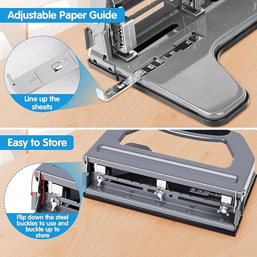 AFMAT Heavy Duty 3 Hole Punch, 50-Sheet, 50% Reduced Effort, Adjustable Two & Three Hole Punch, Metal Paper Puncher w/Large Chip Tray, Metal Paper Guide, Gray-DeskLoop Office