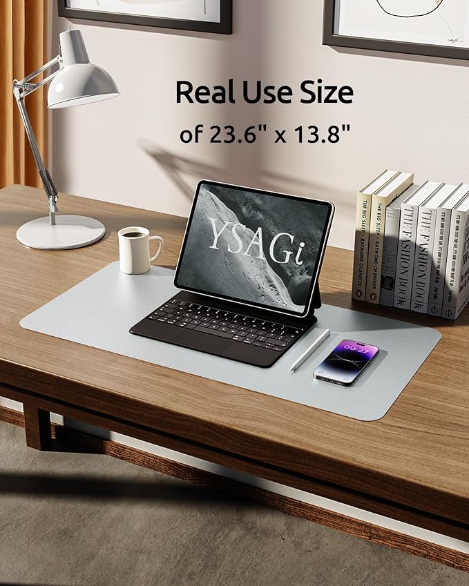 YSAGi Leather Desk Pad Protector, Office Desk Mat, Large Mouse Pad, Non-Slip PU Leather Desk Blotter, Laptop Desk Pad, Waterproof Desk Writing Pad for Office and Home (Silver, 23.6" x 13.8")-DeskLoop Office