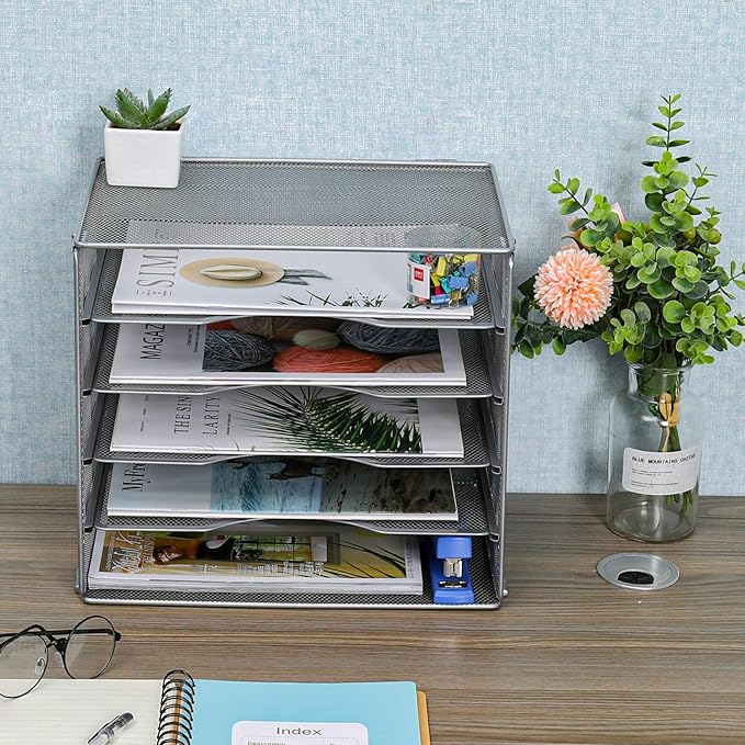 EasyPAG 5-Tier Mesh Desk File Organizer with Metal Frame, Screw-Free Assembly, Space Saving Letter Tray for Office/Home/School - A4 & Letter Size Paper Sorter, Silver-DeskLoop Office