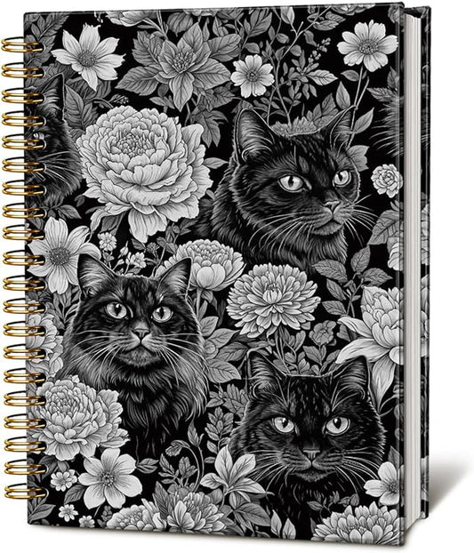 Cat Notebook Journal, Vintage Black White Floral Cats Spiral Notebook for School Supplies, Cat Lover Gifts for Women Men, Black Cat Gifts for Girls 5.5x8.3 Inch-DeskLoop Office