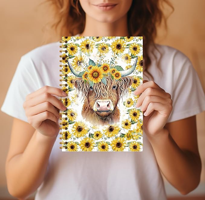 Highland Cow Notebook Journal - Sunflower Notebook, 5.5×8.3 Summer Sunflower Spiral Journal Notebook, Highland Cow Gifts, Cow Gifts for Women, 164 Pages-DeskLoop Office